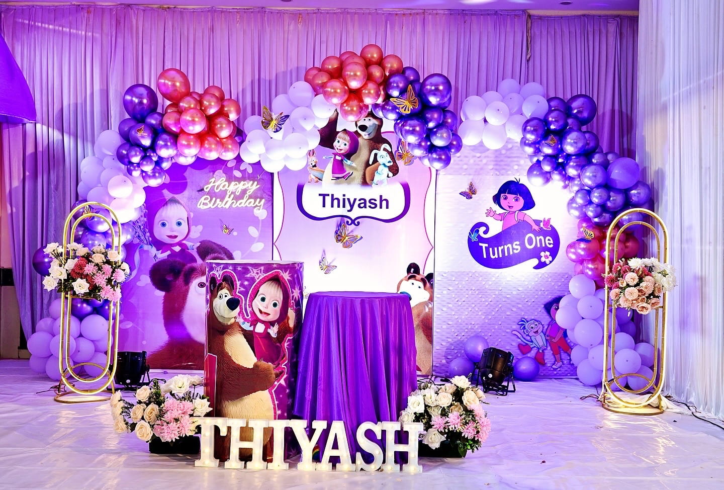 Enchanted garden theme birthday party stage decoration Madurai